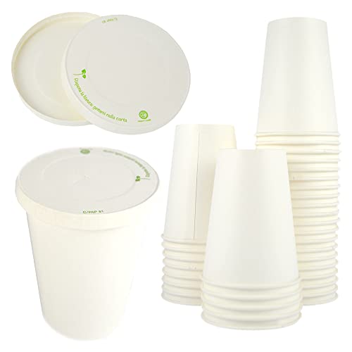 PZ 50 BICCHIERI IN CARTONE BIANCO DA 350 ML DIMENSIONI H 11 CM X 9 DIAMETRO + PZ 50 COPERCHI IN CARTA CON FORO IDEALI PER CAPPUCCIONO,CAFFE E CIOCCOLATA