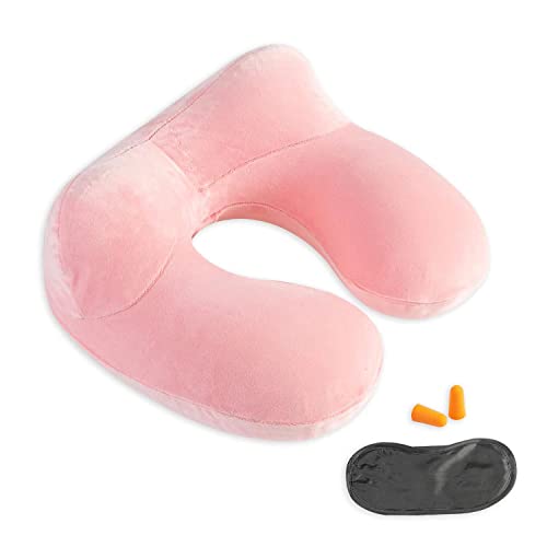 Inflatable Travel Pillow - 100% Soft Velvet Neck Support for Traveling, Airplanes, Trains, Cars, and Offices with Compact Carrying Bag, Breathable and Washable Cover, Ideal for Adult Sleepers (Pink) Inflatable Travel Pillow - 100% Soft Velvet Neck Support for Traveling, Airplanes, Trains, Cars, and Offices with Compact Carrying Bag, Breathable and Washable Cover, Ideal for Adult Sleepers (Pink)