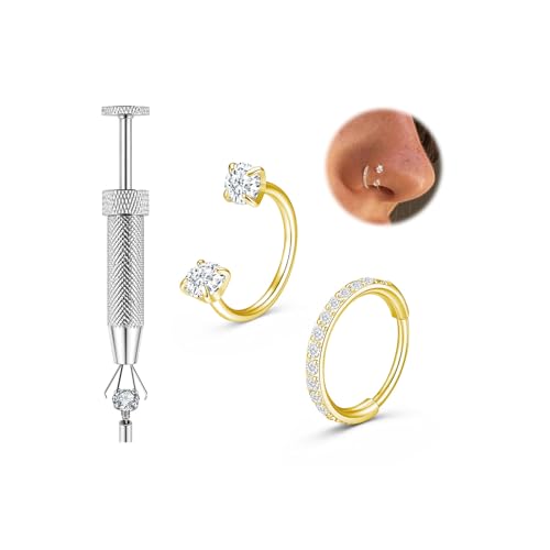 DAILI Titanium Horseshoe Nose Ring 20g 18g Double Gem Horse Shoe Nose Ring Hoop With Tool for Women Men Hypoallergenic Gold Silver Cartilage Helix Tragus Hoop Earring Nostril Piercing Jewelry 7mm 8mm (Gold 20g 7mm)