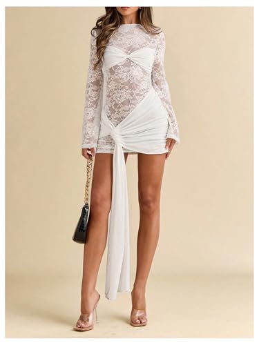 Verdusa Women's Floral Lace Mini Bodycon Dresses Tie Knot Long Sleeve Ruched Date Night Dress4