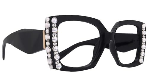 Penelope, Bling Reading Glasses for Women, Handmade with Clear Genuine European Crystals, Black, Square. NY Fifth Avenue” (+3.00)