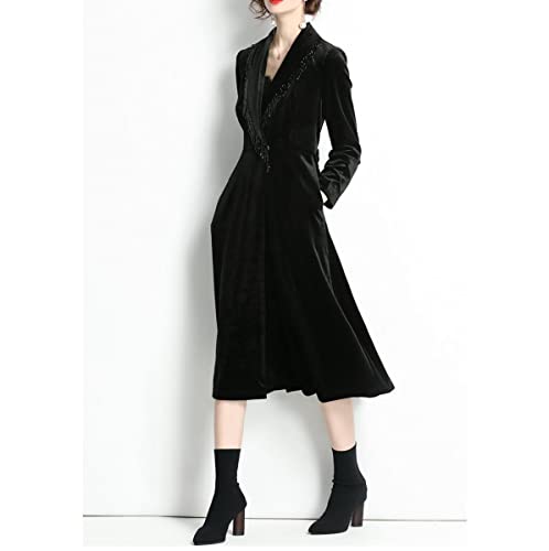 Women's Fashion Velvet Midi Trench Coat Dress Solid Notched Lapel Long Sleeve Jacket Outerwear #TOP4
