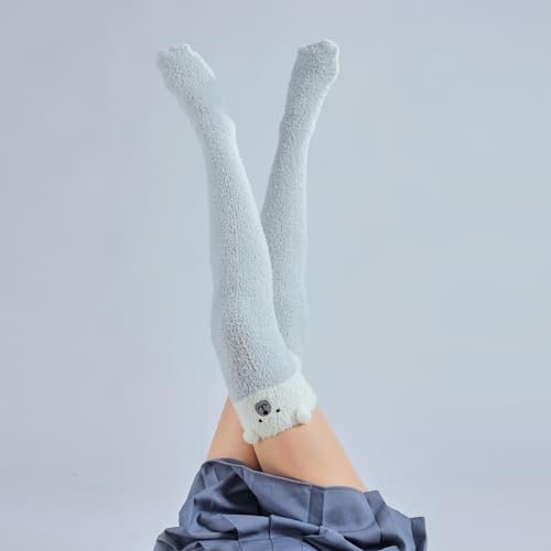 Image of Thigh High Fuzzy Socks Cute Animal Coral Fleece Over the Knee Thigh High Long Stockings Warm Stripe