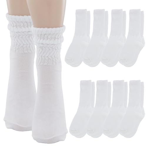 8 Pairs Slouchy Socks for Women, White Scrunchy Slouch Socks, Retro Scrunchy Sock Crew for Running, Hiking, Fitness and Casual Wear (White)
