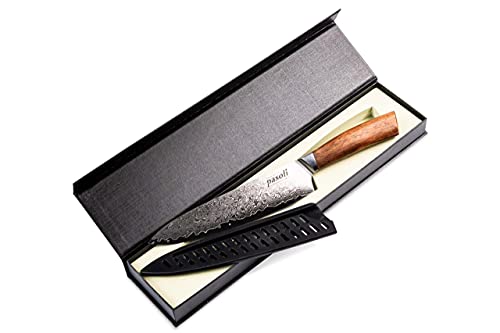 pasoli Cuchillo de chef de Damasco, incluye funda de protección, 67 capas de acero de Damasco VG-10, hoja afilada de 20 cm, mango de madera noble, cuchillo de cocina ideal Cover