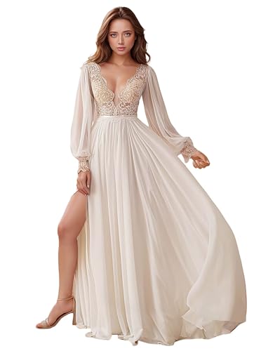 Women's Lace Wedding Dresses for Bride Long Sleeve Boho Bridal Wedding Gowns V Neck Bohemian Wedding Gown