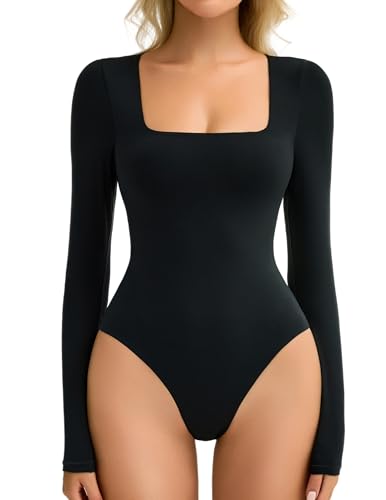 Avidlove Women's Long Sleeve Bodysuit Double Lined Square Neck Body Suit Tops Snap Closure Soft