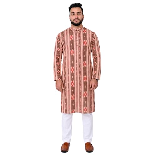 Image of GHL GUENDICHA HAAT Sambalpuri Certified Handloom Men's Pure Cotton Kurta | Odisha Ikat Ethnic Wear | Mandarin Collar | Full Sleeve Traditional Kurta for Men
