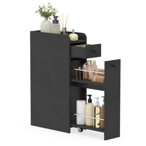 Tangkula Slim Bathroom Storage Cabinet 4-Tier Narrow Small Side Storage Cabinet Next to Toilet Slide Out Drawers on Casters Bathroom Floor Organizer Toilet Paper Holder for Small Spaces (Black)