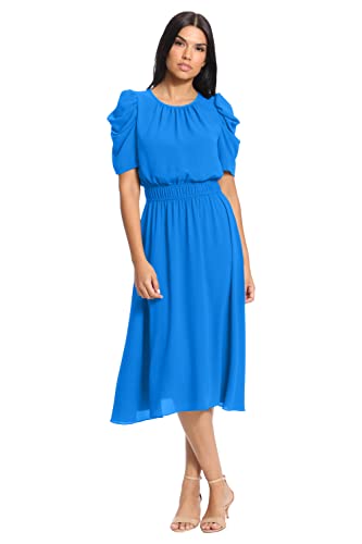 Image of London Times Women's Caterpillar Puff Sleeve Midi Dress - Gathered Waist A-Line Flowy Summer Dress