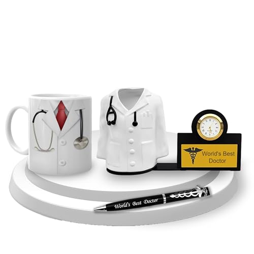 Savri Doctor's Desk Set-Doctor Pen, Fiber Pen Stand with Watch, and Coffee Mug-Ideal Gift for Doctors,Surgeons, MR, MS. Best Set for Gifting on Anniversary, Birthday, Father's Day, Graduation Ceremony