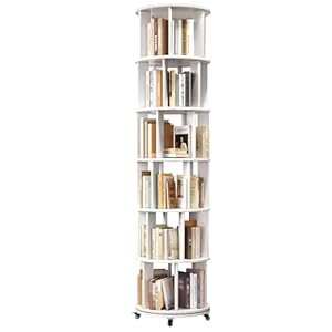 6 Tier Rotating Bookshelf Tower Spinning Bookshelf with Swivel Wheels Book Shelf Rotating Storage Tower for Kids Adult Narrow Walnut Solid Wood Revolving Bookcase Organizer for Bedroom Living Room