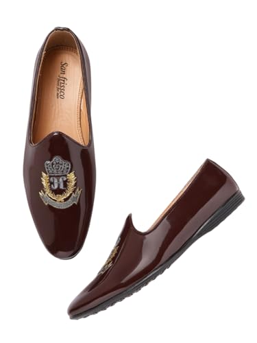 Image of San Frissco Men's Loafers Ethnic Embroidered Casual Slip On Shoes Soft Cushioned Footbed Insole with TPR Sole Stylish Lightweight Comfortable Fit Perfect for Party, Events and Weddings