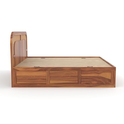 Image of Sheesham Wood Cane Bed with Box Storage for Bedroom | King Size Wooden Double Bed Palang with Curved Rattan Headboard (Honey Finish)