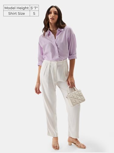 Image of The Souled Store Solids: Lavender Women and Girls Loose fit Full Sleeve Cotton and Linen Lavender Color Women Boyfriend Shirts