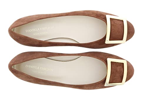 Daniela Fargion Brown/Gold Suede Square Buckle Flat Ballerina Shoes-84