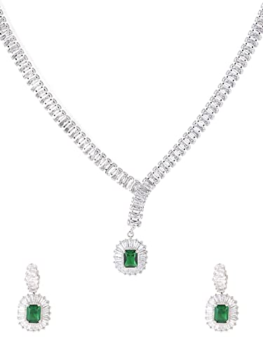 Image of Yellow Chimes Jewellery Set for Women Rhodium Plated Cubic Zircon Silver Necklace with Earring Set Floral Design Classic CZ Stoned Jewellery Set for Women and Girls