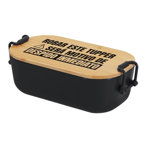 DEREGALOOS Fiambrera Personalizada de Bambú y Plástico Reciclado. Caja Hermética de 850 ml con Cierre de Seguridad. Diseño Ecológico para Almuerzo, Trabajo (Frase - Robar este tupper..., Negro)