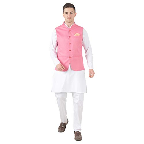Image of TAHVO Men's Nehru Jacket /Waistcoat /Modi Jacket Cotton Fabric /Men 's 5 Button Nehru Jacket with Hanky Kurta Set