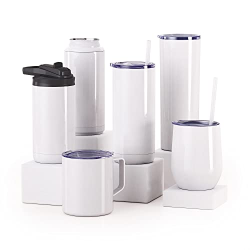 Maars Maker 12oz Sublimation Blank Tumblers | Individually Boxed, Polymer Coated Skinny Straight Stainless Steel Cups with Lid and Straw - Gloss White, 2 Pack