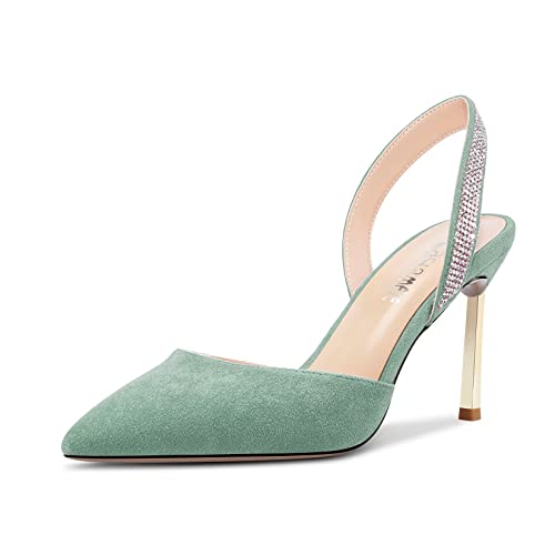 Castamere Mujer Aguja Alto High Heel Puntiaguada Punta Pumps Slingback Slip-on Diamante Cristal 8.5 CM Heels Verde 43 EU