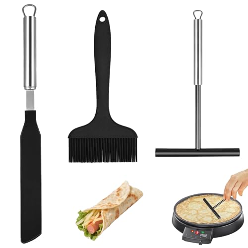 CHUANFU 3 Pièces Distributeurs à Crêpes Inox, Spatule Crepe Silicone, Brosse à Huile, Crêpes Kit Spatule Patisserie, pour Cuisiner à la Maison Faire des Cuisson...
