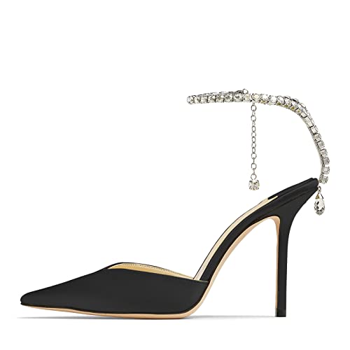 BlingQueen Women's Heeled Sandals Crystal Chain Rhinestone Embellished Strap Pumps Pointy Stilettos Backless Wedding Dressy Bridal Shoes Black Size 8.5