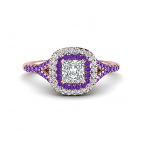 Image of Choose Your Gemstone Delicate Double Halo Diamond CZ Ring Rose Gold Plated Princess Shape Halo Engagement Rings Matching Jewelry Wedding Jewelry Easy to Wear Gifts US Size 4 to 12