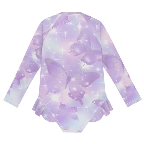 Girls One Piece Swimsuits Long Sleeve Swimsuit Zipper Bathing Suits Shiny Glitter Purple Butterflies2