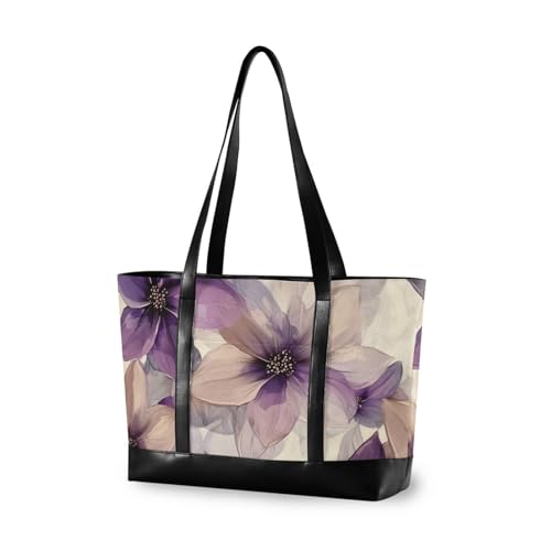KLL Flowers Lavender and Beige Sturdy women work tote bag with zipper laptop tote bags for work Large Handbag for flight with lunch bolsos para mujeres