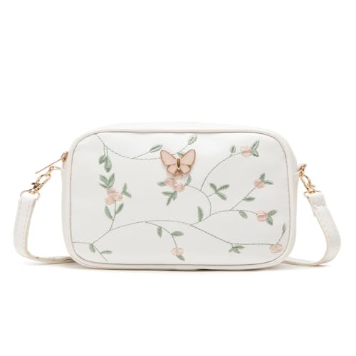 Bolsas de ombro transversais para mulheres, mini bolsas com estampa de bordado floral, bolsa de ombro pequena de poliuretano com fecho de zíper, Xk branca
