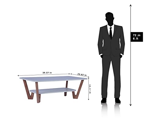 Image of Wooden Coffee Table with Solid Wood Legs, Engineered Wood Center Table for Living Room, Frosty White Finish