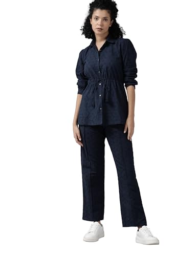 Image of ALL YOURS Women's Navy Blue Schiffli Cotton Co-Ords Set| Ethnic Co Ord Set| Kurta Set for Women| Casual Kurti Set| CoOrd Kurta Set for Women| Women Two-Piece Outfits| Outdoor Wear