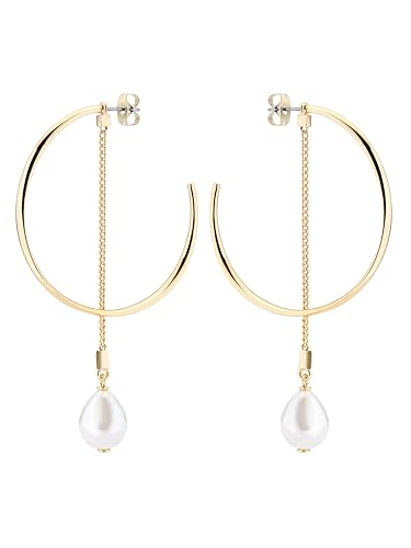 Image of Karen Millen Modern Pearl Hoop Earrings For Women (Gold/Pearl)