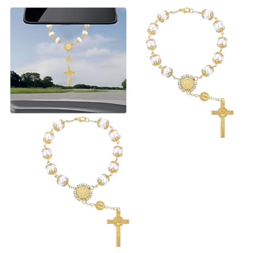 ZIMISI 2PCS Car Rosary for Rearview Mirrors Personalized Blessing Automotive Rear View Mirror Charm Cross Rosary Hanging Ornament Car Mirror Hanging Accessories for Women Men (Gold)