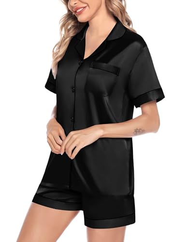 Image of SWOMOG Satin Matching Pajamas Sets Couple Silk Button Down Nightwear Women & Men Short Sleeve Sleepwear 2 Pieces Loungewear