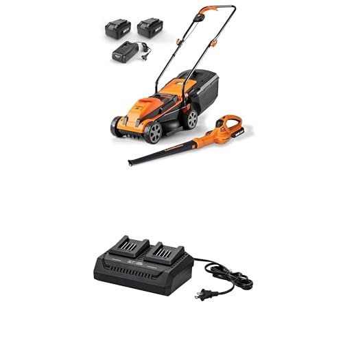 Bundle of LawnMaster 24VMWBL 24V Max 13-inch Cordless Lawn Mower and Cordless Leaf Blower Combo with 2x4.0Ah Batteries and Charger + Dual Channel Battery Charger 24LFC15-ETL Suit for 24V / 48V