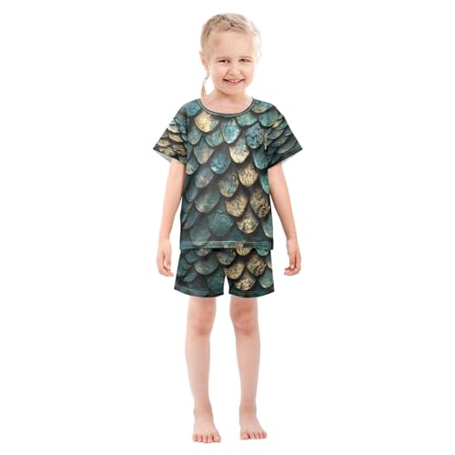 ALAZA Dragon Scale Blue Green Gold Pajamas Set Short Sleeve Cotton Sleepwear Summer Pjs 2 Piece 5-14Y3