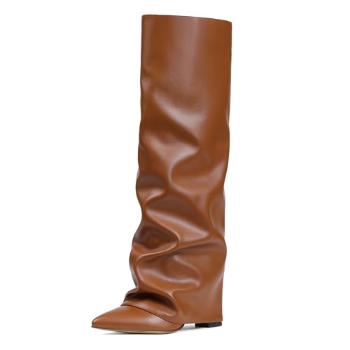 Image of SaraIris Women's Slouchy Knee High Boots - Black, Pointed Toe, Fold Over, Chunky, Shark Boots