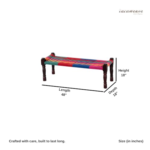 Image of Wooden Bench for Seating | Handcrafted Sheesham Wood Bench for Living Room, Balcony & Garden | Traditional Patio for Outdoor with Cotton Handwoven Rope | Colorful