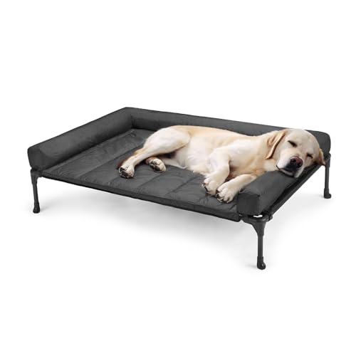 Veehoo Outdoor Hundeliege erhöht, Hundebett Erhöht mit abnehmbarem Bloster Kühlendes Erhöhtes Hundebett mit Atmungsaktivem Teslin-Netz für Haus und Garten, Schwarz 107 x 76 x 18cm