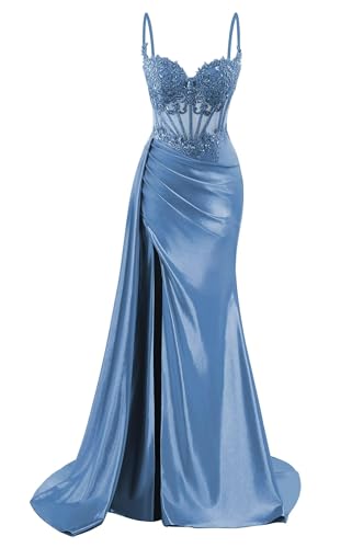 HPPEE Damen Spaghettiträger Satin Ballkleider mit Schlitz Spitze Applique Meerjungfrau formelle Partykleid, dusty blue, 38