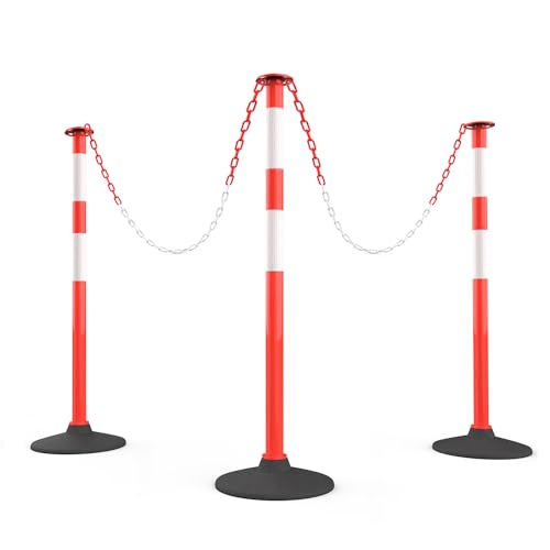 RoadHero - 3 Pack Traffic Eyeliner Poles with Weighted Rubber Base, Portable Orange Safety Barrier Poles with 5ft Plastic Chain and Reflective Collars for