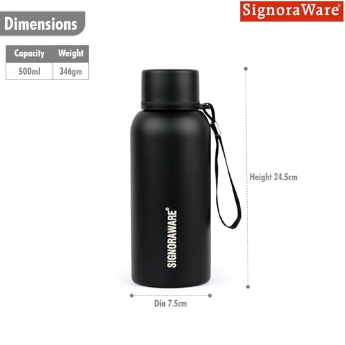 Image of SignoraWare Parkour Vacuum ISI Certified Stainless Steel Bottle With Hanging Strip | Airtight & Leakproof | Easy To Clean | Lightweight | Ideal for School, Office, Gym Or Outdoors (500ml | Black)