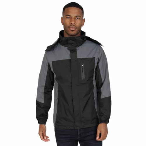 Blu Apparel Mens Outdoor Waterproof Rain Jacket Premium Branded Windproof Everyday Wear Jackets for Men (UK, Alpha, L, Regular, Regular, Black/Grey)