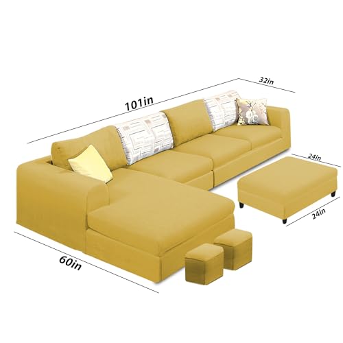 Image of Koza LHS 8 Seater L Shape Sofa Set with Center Table for Living Room (Yellow Fabric) Premium Fabric Sofa