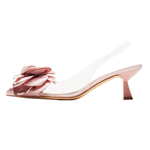 Women Elegant Pointed Toe Clear Slingback Strap Pumps Flowers Slip On Low Kitten Heel Shoes Evening Party Dress Size 4-16 US2
