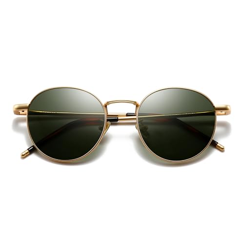 SUNGAIT Gafas de Sol Polarizadas Vintage Redondas Marco de Metal Retro Clásica Gafas de Sol Circular para Mujer Hombre (2025 Montura dorada/Lente verde polarizada (bisagra con muelle))