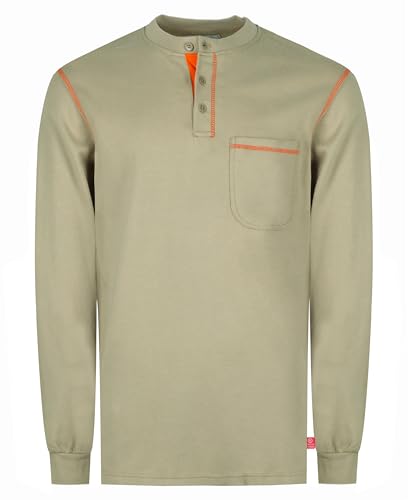 TICOMELA FR Shirts for Men Flame Resistant Shirt NFPA2112/CAT2 7oz Khaki Fire Retardant Men's Long Sleeve Henley Shirts