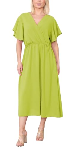 BIWTUP Womens Italian Wrap Over Frill Sleeves Midi Dress Ladies Waistline Ruffle Frill Summer Casual Dresses for Women UK Apple Green